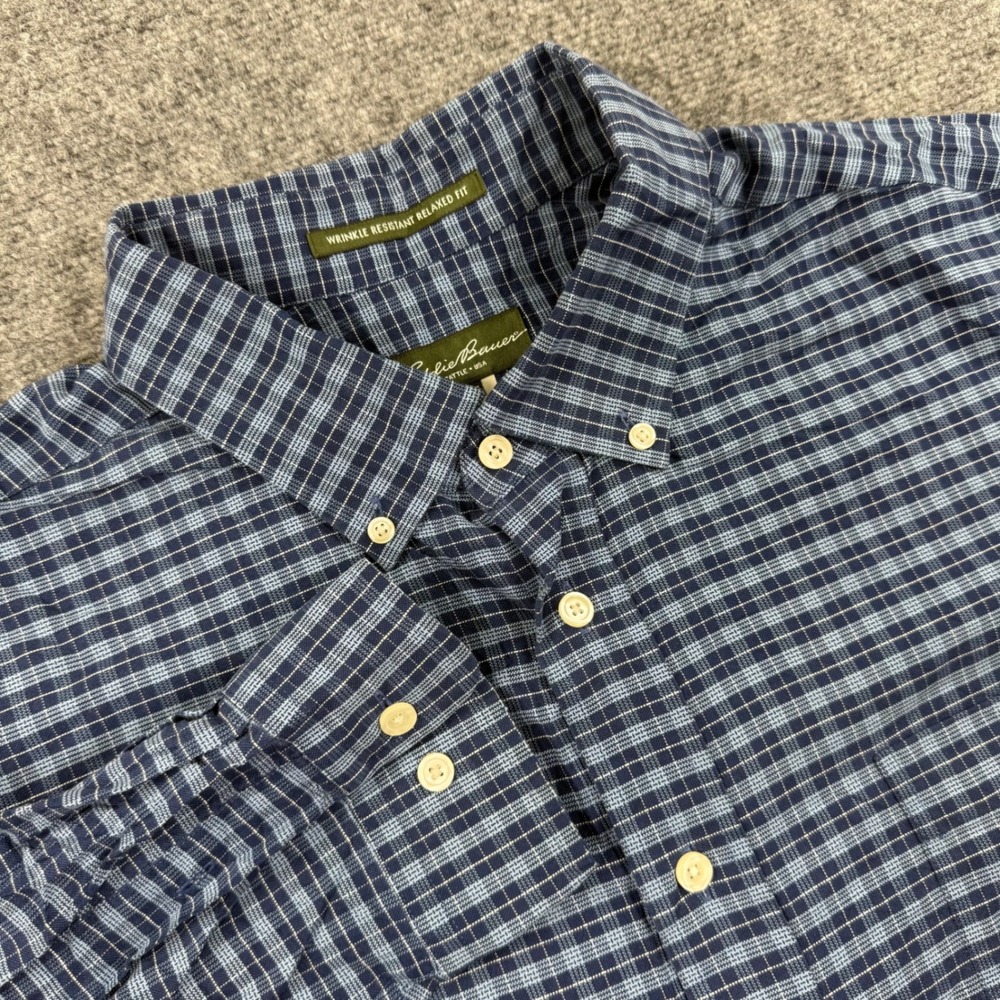 Eddie‎ Bauer Button Down Shirt Size 2XLT Blue Plaid Wrinkle Resistant Men's